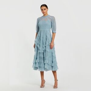 Blue High Neck Micro Ruffle Tiered Midi Dress